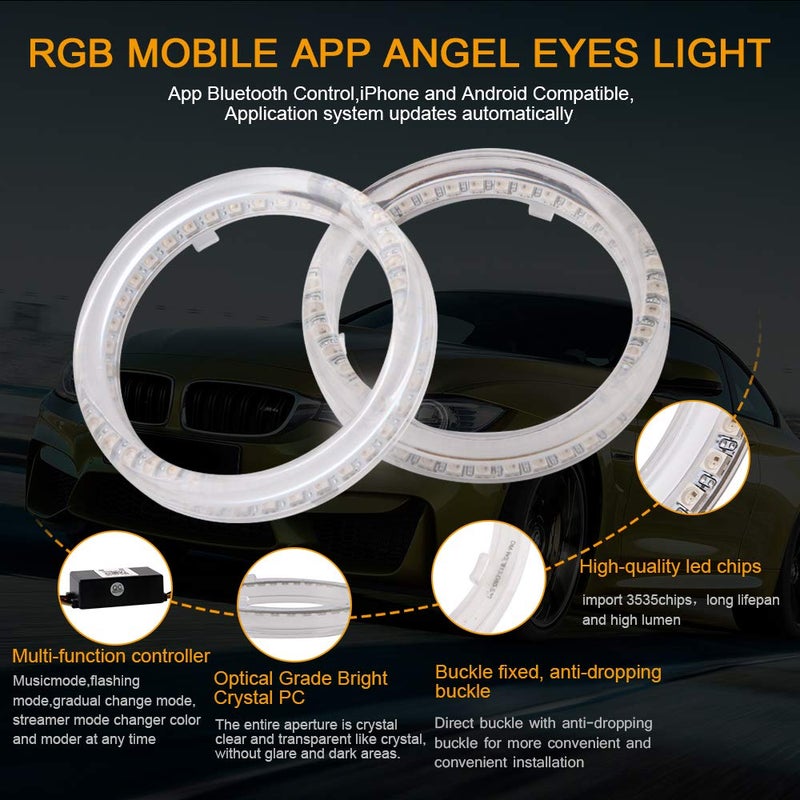 Qasim 1-Pair 80MM 30SMD 3535 LED RGB Angel Eyes Halo Rings for Motorcycle Car DRL Fog Lamp Turn Signal Light APP Bluetooth Control Multi-Color 12V - Image 3